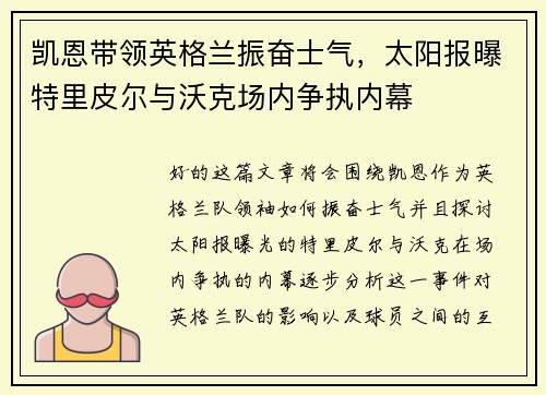 凯恩带领英格兰振奋士气，太阳报曝特里皮尔与沃克场内争执内幕