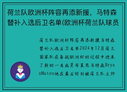 荷兰队欧洲杯阵容再添新援，马特森替补入选后卫名单(欧洲杯荷兰队球员)