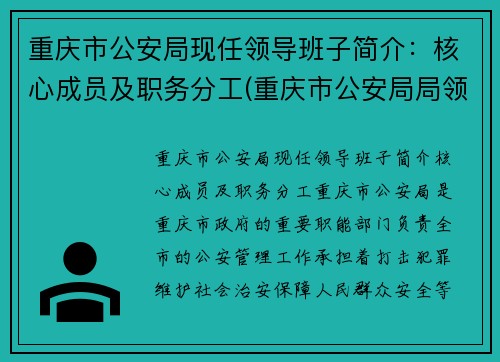 重庆市公安局现任领导班子简介：核心成员及职务分工(重庆市公安局局领导分工)