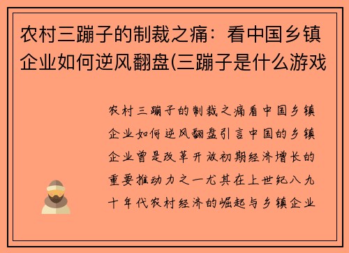 农村三蹦子的制裁之痛：看中国乡镇企业如何逆风翻盘(三蹦子是什么游戏)