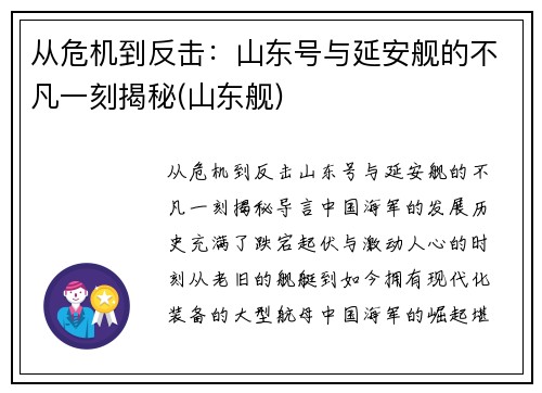 从危机到反击：山东号与延安舰的不凡一刻揭秘(山东舰)