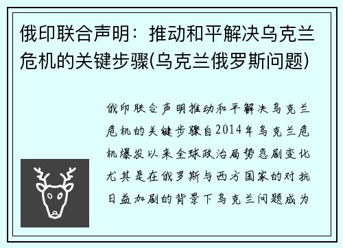 俄印联合声明：推动和平解决乌克兰危机的关键步骤(乌克兰俄罗斯问题)
