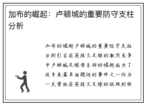 加布的崛起：卢顿城的重要防守支柱分析