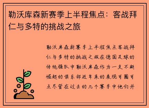 勒沃库森新赛季上半程焦点：客战拜仁与多特的挑战之旅