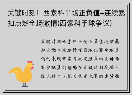 关键时刻！西索科半场正负值+连续暴扣点燃全场激情(西索科手球争议)